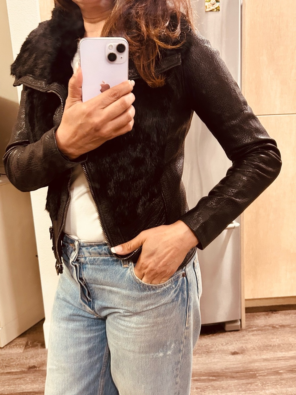 Harrods Black Leather Jacket with Fur Trim bought in Harrods London